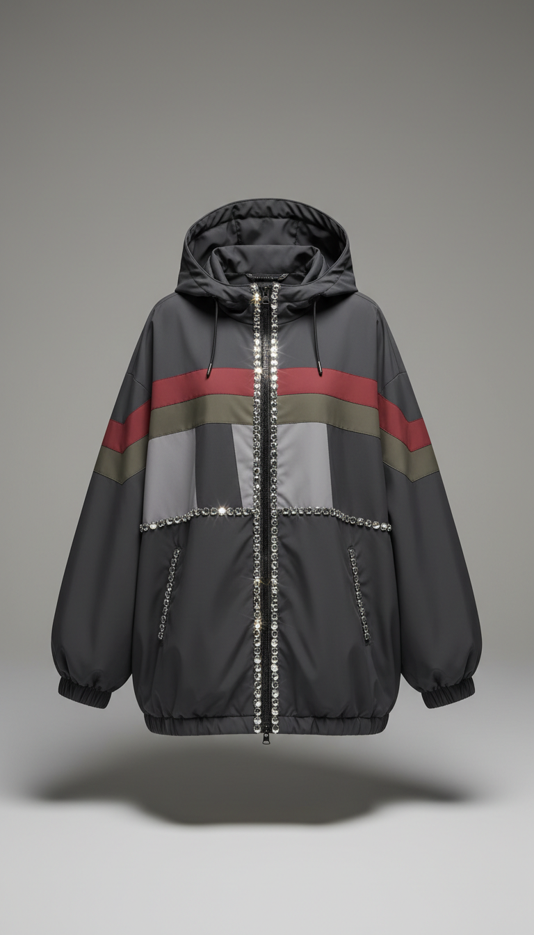 Technical Windbreaker With Rhinestone Accents